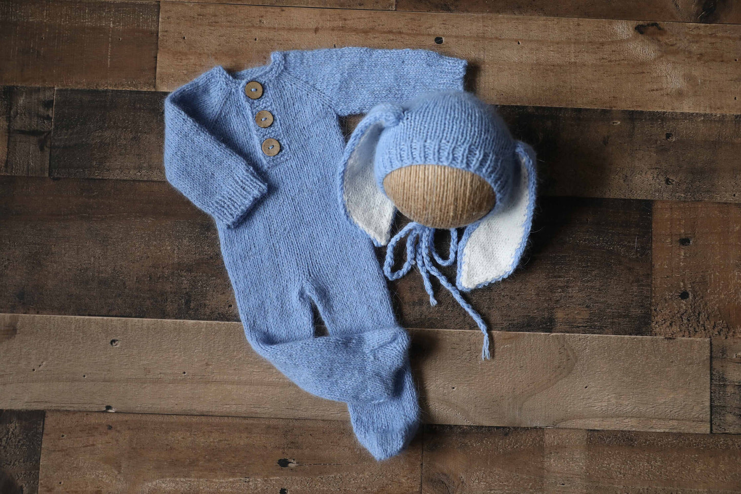 RTS! 9-12m Knitted bunny footed romper bonnet set Photo prop Sitter photography outfit Easter baby outfit set Halloween costume Size 9-12m