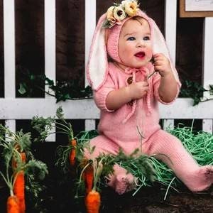RTS! 9-12m Knitted bunny footed romper bonnet set Photo prop Sitter photography outfit Easter baby outfit set Halloween costume Size 9-12m
