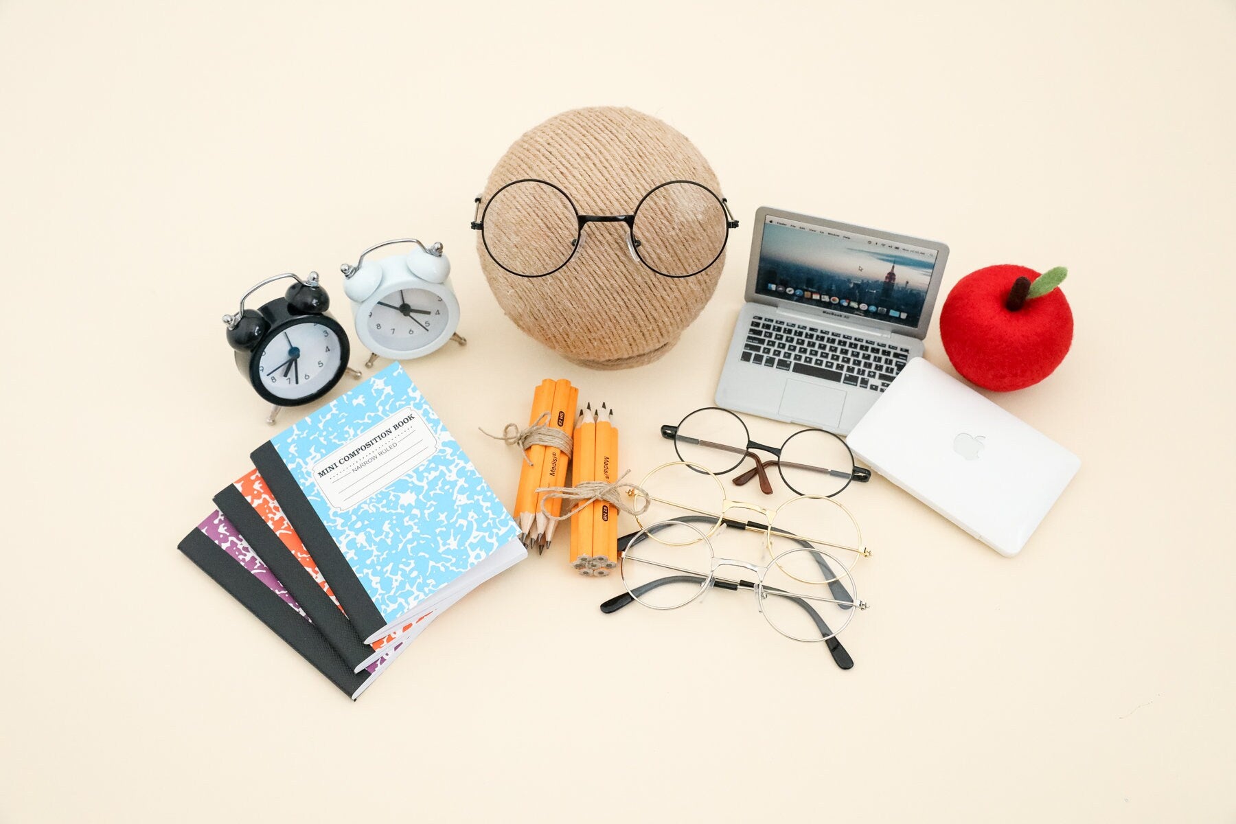 RTS! Baby Back to school props Newborn photo props Mini school supplies Apple Composition notebooks Glasses Clocks Pencils